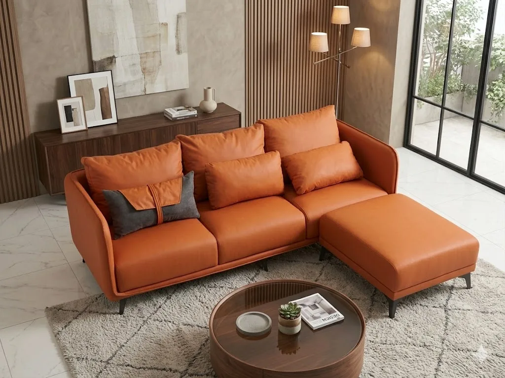 Bộ ghế sofa da PU cam chữ L thanh lý giá rẻ