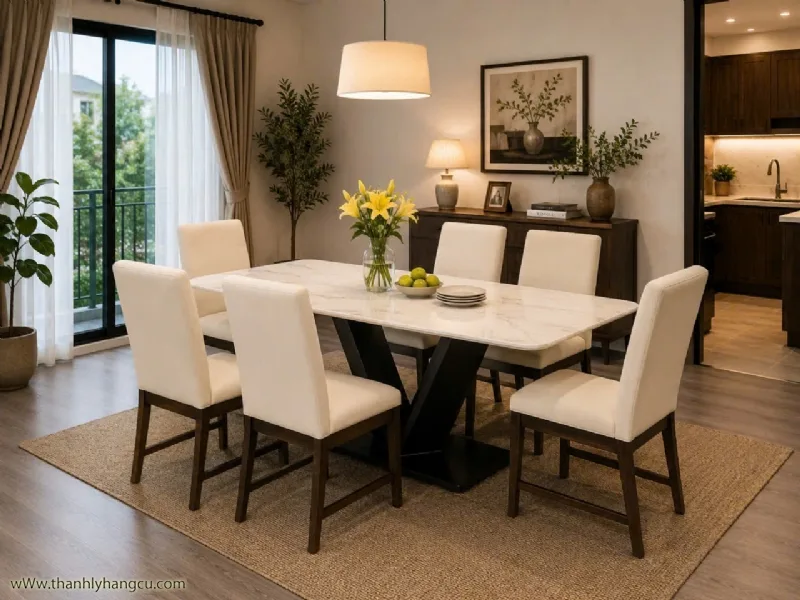 Bộ bàn ăn mặt đá + 6 ghế gỗ nệm (mới chưa qua sử dụng) - Nội thất thanh lý giá 7.280.000&nbsp;₫ danh mục Bàn