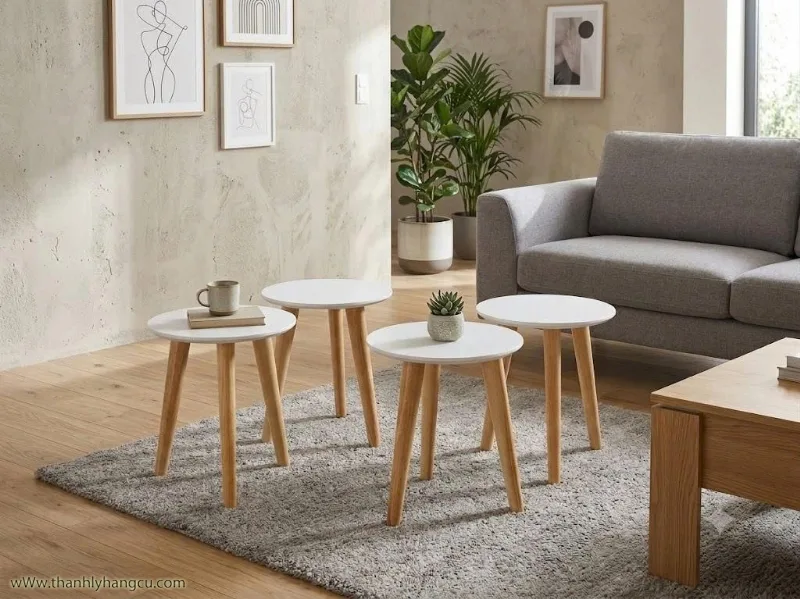 Bàn tròn sofa chân gỗ phủ sơn PU trắng - Nội thất thanh lý giá 250.000&nbsp;₫ danh mục Bàn